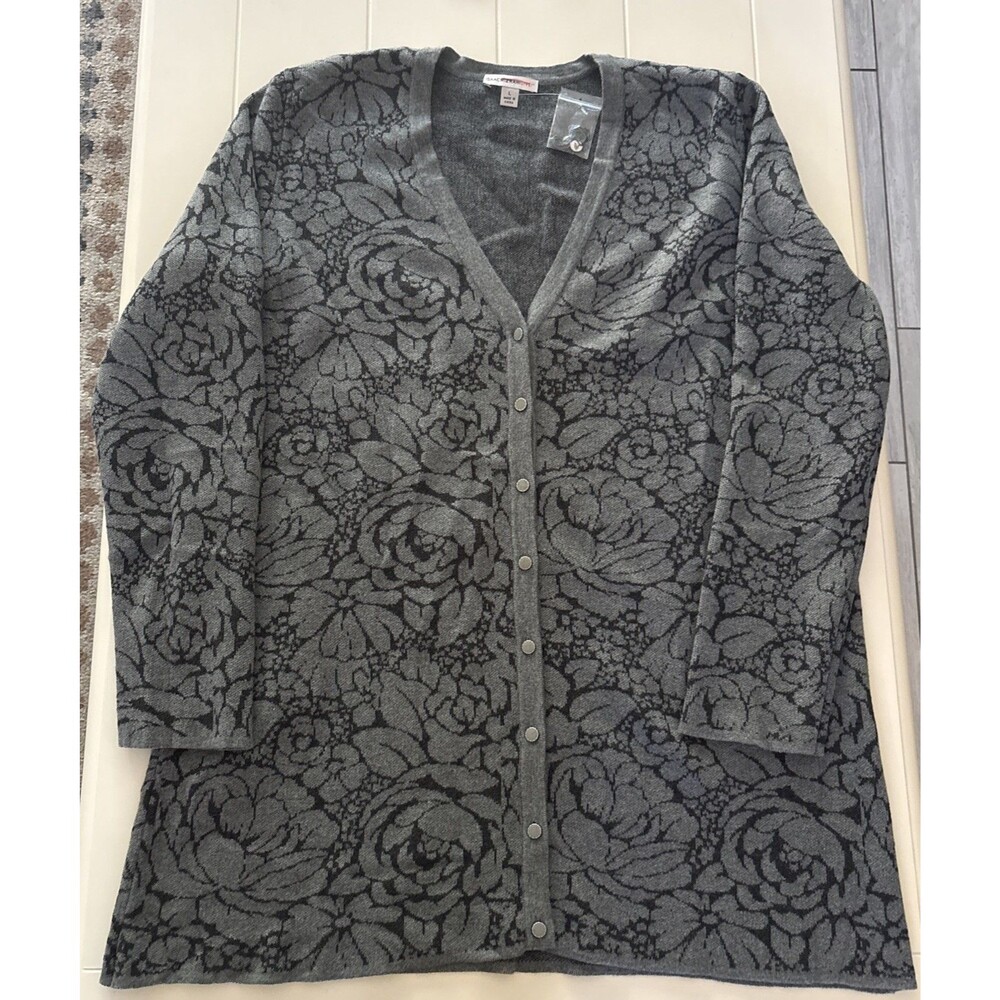 Isaac Mizrahi LIVE Cardigan L Gray Floral Jacquard Cotton Blend Long Sweater